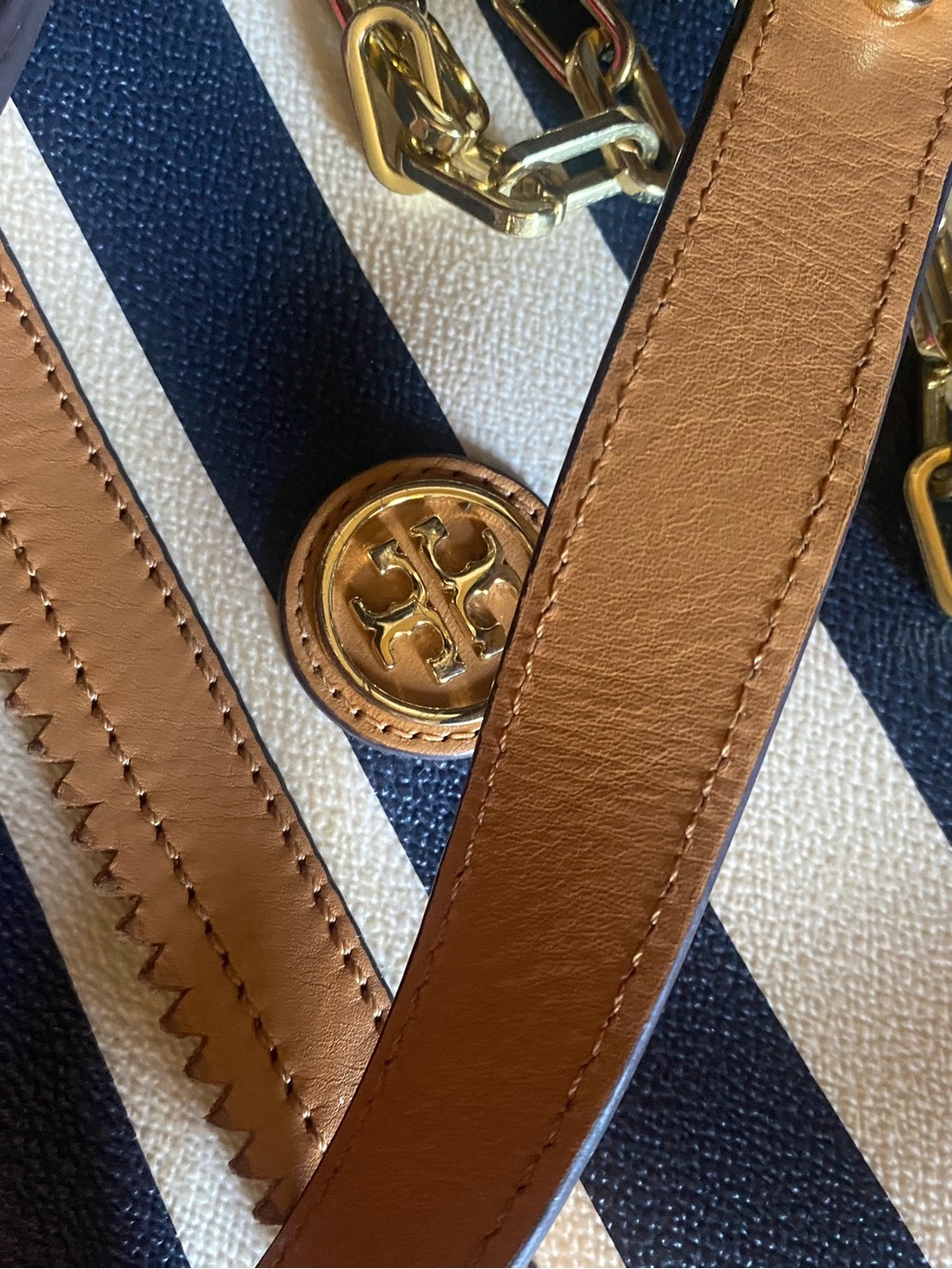 Tory Burch Navy & White Striped Tote with Tan Leather Straps and Gold Logo